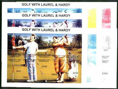 Touva 1995 Golf with Laurel & Hardy composite sheet containing 10 values, the set of 7 imperf progressive proofs comprising the 4 basic colours plus 2, 3 and all 4-colour composites unmounted mint, stamps on entertainments   golf   sport