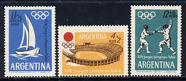 Argentine Republic 1964 Tokyo Olympic Games perf set of 3 unmounted mint, SG 1114-16, stamps on olympics, stamps on sailing, stamps on fencing, stamps on stadia