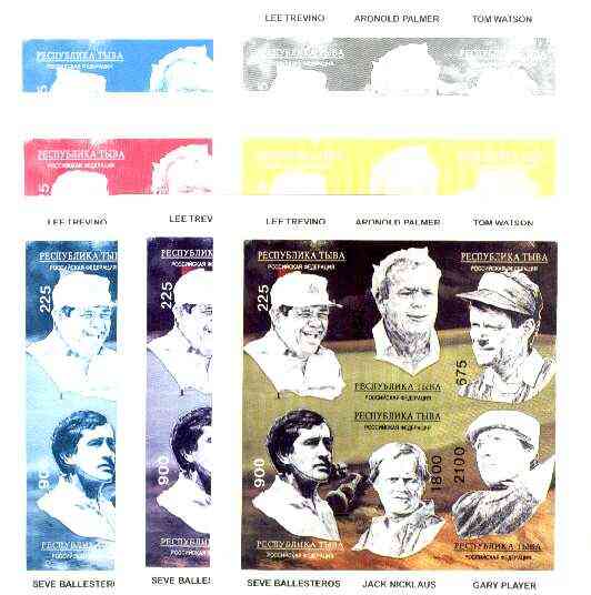 Touva 1995 Golf Legends sheetlet containing set of 6, the set of 7 imperf progressive proofs comprising the 4 basic colours plus 2, 3 and all 4-colour composites, unmounted mint, stamps on , stamps on  stamps on golf   sport