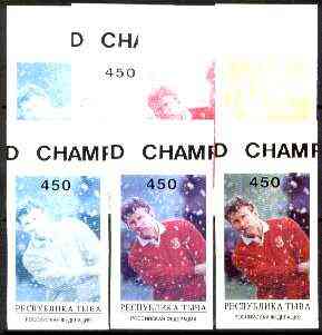 Touva 1995 World Champions (Nick Faldo) the set of 7 imperf progressive proofs comprising the 4 basic colours plus 2, 3 and all 4-colour composites, stamps on sport   golf