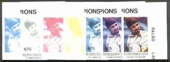 Touva 1995 World Champions (Andr8E Agassi) the set of 7 imperf progressive proofs comprising the 4 basic colours plus 2, 3 and all 4-colour composites, stamps on , stamps on  stamps on sport   tennis