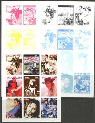 Abkhazia 1999 Elvis Presley sheetlet containing 9 values, the set of 5 imperf progressive proofs comprising the 4 basic colours plus all 4-colour composites unmounted mint, stamps on , stamps on  stamps on elvis, stamps on  stamps on pops, stamps on  stamps on films, stamps on  stamps on motorbikes