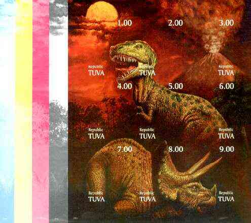 Touva 1999 Dinosaurs composite sheetlet containing 9 values, the set of 5 imperf progressive proofs comprising the 4 basic colours plus all 4-colour composites, unmounted mint, stamps on , stamps on  stamps on dinosaurs