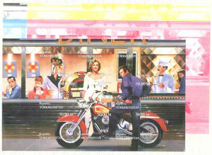 Turkmenistan 1999 Bikers Diner (M Monroe, James Dean, Boggart, J Lennon, etc) sheetlet containing 9 values, the set of 5 imperf progressive proofs comprising the 4 basic ..., stamps on music        marilyn monroe     cinema    films     entertainments     motorbikes, stamps on beatles