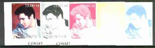 Turkmenistan 1999 Elvis Presley from Events & People of the 20th Century, the set of 5 imperf progressive proofs comprising the 4 basic colours plus all 4-colour composites unmounted mint, stamps on elvis     pops     films    music, stamps on millennium