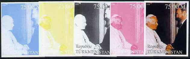 Turkmenistan 1999 The Pope with Fidel Castro from Events & People of the 20th Century, the set of 5 imperf progressive proofs comprising the 4 basic colours plus all 4-co..., stamps on pope, stamps on personalities, stamps on religion, stamps on castro, stamps on millennium  , stamps on dictators.
