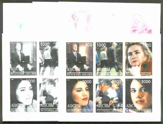Abkhazia 1999 The Clinton Affair sheetlet containing 6 values, the set of 5 imperf progressive proofs comprising the 4 basic colours plus all 4-colour composites unmounted mint, stamps on , stamps on  stamps on americana