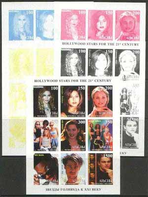 Abkhazia 1999 Hollywood Stars for the 21st Century sheetlet containing 9 values, the set of 5 imperf progressive proofs comprising the 4 basic colours plus all 4-colour c...