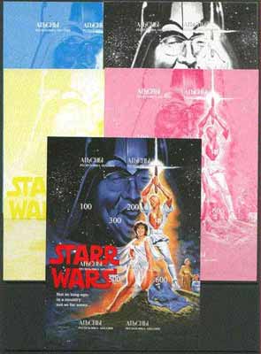 Abkhazia 1999 Starr Wars (Clinton & Lewinski) sheetlet containing 6 values, the set of 5 imperf progressive proofs comprising the 4 basic colours plus all 4-colour compos..., stamps on americana    films    cinema      music      entertainments