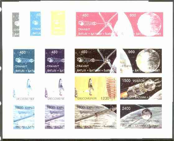 Batum 1998 Space Achievements sheetlet containing 6 values, the set of 7 imperf progressive proofs comprising the 4 basic colours plus 2, 3 and all 4-colour composites un..., stamps on space