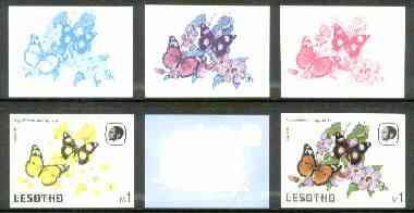 Lesotho 1984 Butterflies Diadem Butterfly 1m value x 6 imperf progressive proofs comprising various individual or combination composites, stamps on butterflies