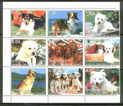 Chechenia 1999 Dogs perf sheetlet containing complete set of 9 values, stamps on dogs