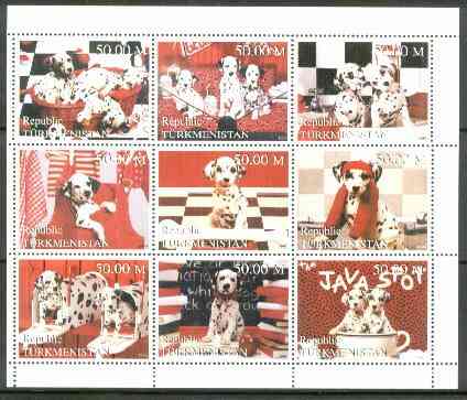 Turkmenistan 1999 Dogs sheetlet containing complete set of 9 values, stamps on , stamps on  stamps on dogs