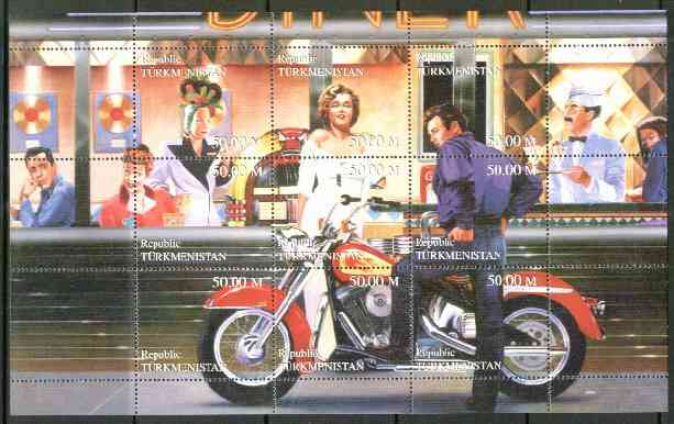 Turkmenistan 1999 Bikers Diner (Marilyn, James Dean, Bogart, G Marx & Motorbike) composite sheet containing 9 values unmounted mint, stamps on , stamps on  stamps on films    entertainments       marilyn monroe     motorbikes     cinema      music     