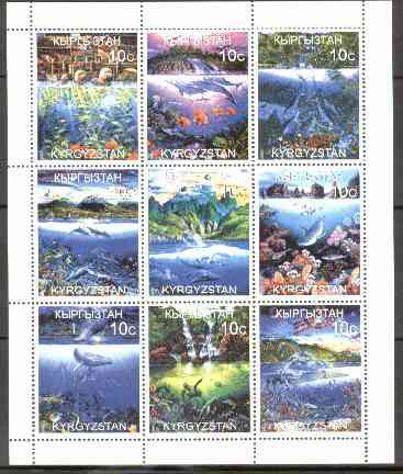 Kyrgyzstan 1999 Marine Life perf sheetlet containing complete set of 9 values unmounted mint, stamps on , stamps on  stamps on marine-life    whales      dolphins      seals     turtles    waterfalls