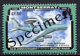 Montserrat 1995 Boeing AWAC $1.50 (from 50th Anniversary of end of World War II set) overprinted SPECIMEN, as SG 972s unmounted mint, stamps on , stamps on  stamps on aviation, stamps on  stamps on  ww2 , stamps on  stamps on boeing, stamps on  stamps on radar