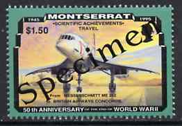 Montserrat 1995 Concorde $1.50 (from 50th Anniversary of end of World War II set) overprinted SPECIMEN, as SG 974s unmounted mint, stamps on , stamps on  stamps on aviation, stamps on  stamps on  ww2 , stamps on  stamps on concorde