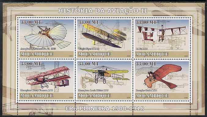 Mozambique 2009 History of Transport - Aviation #02 perf sheetlet containing 6 values unmounted mint, stamps on aviation