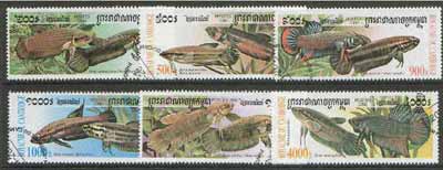 Cambodia 2000 Fish perf set of 6 values cto used, stamps on fish