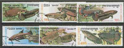 Cambodia 2000 Fish perf set of 6 values cto used, stamps on , stamps on  stamps on fish