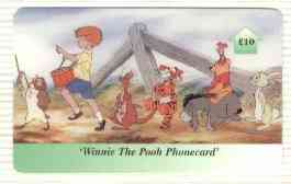 Telephone Card - Winnie the Pooh 10 'phone card #02 showing Christopher Robin marching with the gang, stamps on bears, stamps on honey, stamps on bees, stamps on children, stamps on literature, stamps on insects