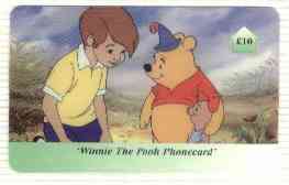 Telephone Card - Winnie the Pooh 10 'phone card #03 showing Christopher Robin talking to Pooh, stamps on bears, stamps on honey, stamps on bees, stamps on children, stamps on insects, stamps on literature