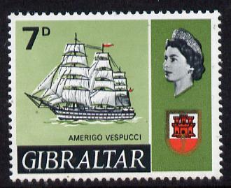 Gibraltar 1967-69 Amerigo 7d unmounted mint with inverted wmk (SG 207Ei), stamps on ships