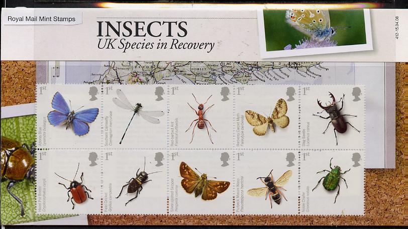 Great Britain 2008 Action for Species #2 - Insects perf se-tenant block of 10 in official presentation pack SG 2831-40, stamps on insects, stamps on butterflies, stamps on beetles