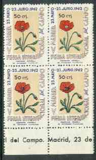 Cinderella - Spain 1962 50c perforated label for Madrid International Stamp Exhibition featuring Poppy, marginal block of 4 showing one stamp with centre of flower omitted (R3/6), stamps on , stamps on  stamps on cinderellas       stamp exhibitions     flowers