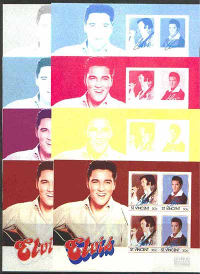 St Vincent 1985 Elvis Presley (Leaders of the World) m/sheet containing 4 x 30c values, the set of 8 imperf progressive proofs comprising 4 individual colours, plus 2, 3,..., stamps on music     personalities        elvis  entertainments     films    cinema