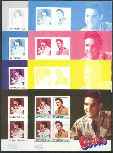 St Vincent 1985 Elvis Presley (Leaders of the World) m/sheet containing 4 x 50c values, the set of 8 imperf progressive proofs comprising 4 individual colours, plus 2, 3,..., stamps on music     personalities        elvis  entertainments     films    cinema