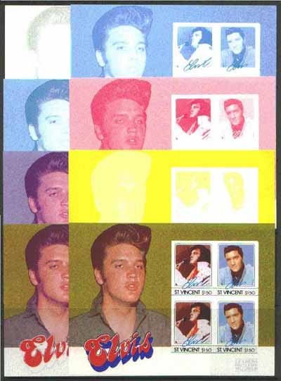 St Vincent 1985 Elvis Presley (Leaders of the World) m/sheet containing 4 x $1.50 values, the set of 8 imperf progressive proofs comprising 4 individual colours, plus 2, ..., stamps on music     personalities        elvis  entertainments     films    cinema