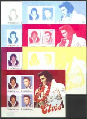 St Vincent 1985 Elvis Presley (Leaders of the World) m/sheet containing 4 x $4.50 values, the set of 7 imperf progressive proofs comprising 4 individual colours, plus 2, ..., stamps on music     personalities        elvis  entertainments     films    cinema