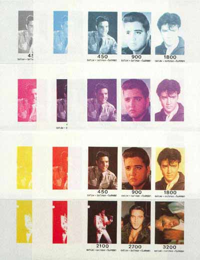 Batum 1996 Elvis Presley sheetlet containing set of 6 values, the set of 9 imperf progressive proofs comprising the 4 individual colours, plus various 2, 3 and all 4-colour composites unmounted mint, stamps on music     personalities        elvis  entertainments     films    cinema