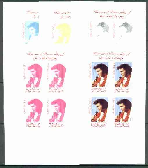 Somaliland 1999 Great People of the 20th Century - Elvis Presley sheetlet containing 4 x 7,500 sl values,  the set of 5 imperf progressive proofs comprising the 4 individual colours, plus all 4-colour composite unmounted mint, stamps on films    entertainments       elvis      music     , stamps on millennium