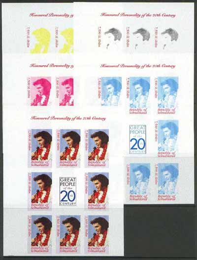 Somaliland 1999 Great People of the 20th Century - Elvis Presley sheetlet containing 8 x 7,500 sl values plus label,  the set of 5 imperf progressive proofs comprising th..., stamps on films    entertainments       elvis      music     , stamps on millennium
