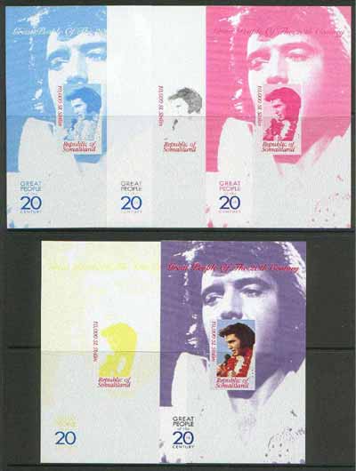 Somaliland 1999 Great People of the 20th Century - Elvis Presley souvenir sheet containing 10,000 sl value,  the set of 5 imperf progressive proofs comprising the 4 indiv..., stamps on films    entertainments       elvis      music     , stamps on millennium