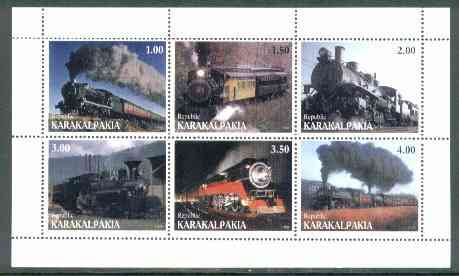 Karakalpakia Republic 1999 Steam Locos perf sheetlet containing complete set of 6 values unmounted mint, stamps on , stamps on  stamps on railways