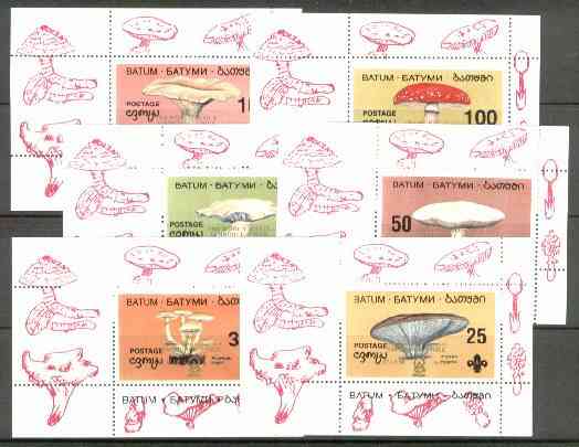 Batum 1998 World Scout Jamboree, Chile opt'd on set of 6 individual Fungi sheetlets (perf) unmounted mint, stamps on , stamps on  stamps on fungi  scouts