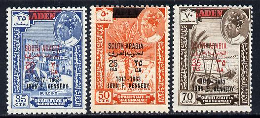 Aden - Qu'aiti 1966 Kennedy set of 3 with black opts unmounted mint (Mi 68-70sA)*, stamps on , stamps on  stamps on kennedy  personalities