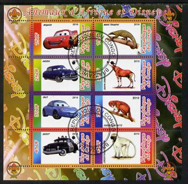 Congo 2010 Disney & African Animals perf sheetlet containing 8 values with Scout Logo fine cto used, stamps on disney, stamps on films, stamps on cinema, stamps on movies, stamps on cartoons, stamps on scouts, stamps on apes, stamps on animals, stamps on cars