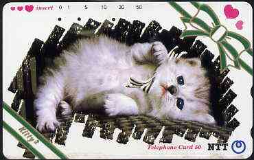 Telephone Card - Japan 50 units phone card showing Kitten with black & white bow titled 'Kitty 2' (card dated 15.4.1992), stamps on , stamps on  stamps on cats    