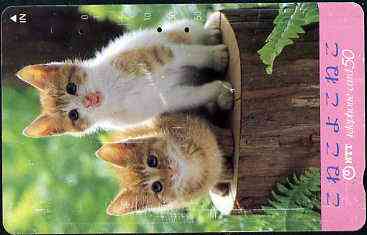 Telephone Card - Japan 50 units phone card showing two Kittens sitting on Tree Trunk (card dated 1.6.1990), stamps on cats