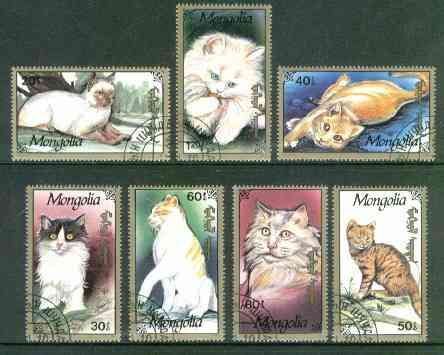 Mongolia 1991 Domestic Cats perf set of 7 fine cto used, SG 2277-83*, stamps on , stamps on  stamps on cats 