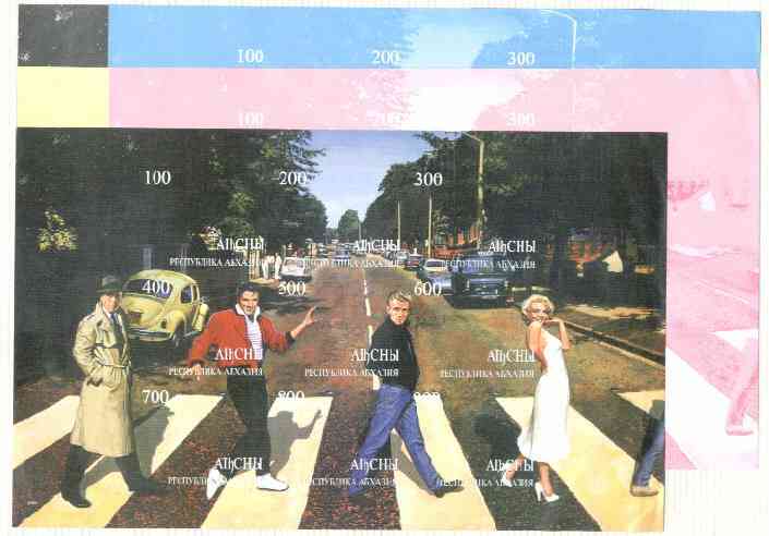 Abkhazia 1999 Fab 4 - Elvis, Marilyn, James Dean & Bogart Crossing Abbey Road (with VW & Police Van)  composite sheet containing 9 values, the set of 5 imperf progressive proofs comprising the 4 individual colours, plus all 4-colour composite unmounted mint, stamps on , stamps on  stamps on films    entertainments    elvis    marilyn monroe, stamps on  stamps on  vw , stamps on  stamps on cinema      music     police