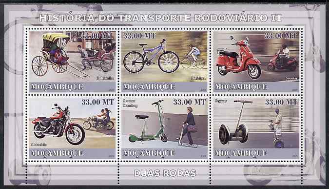 Mozambique 2009 History of Transport - Road Transport #02 perf sheetlet containing 6 values unmounted mint, stamps on , stamps on  stamps on transport, stamps on  stamps on bicycles, stamps on  stamps on motorbikes, stamps on  stamps on 
