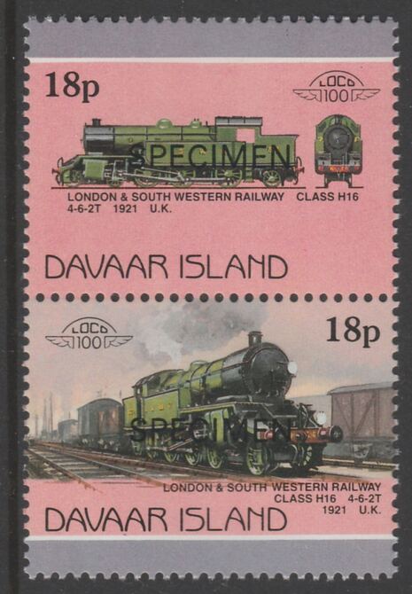 Davaar Island 1983 Locomotives #1 L&SW Class H16 4-6-2T loco 18p perf se-tenant pair overprinted SPECIMEN unmounted mint, stamps on railways
