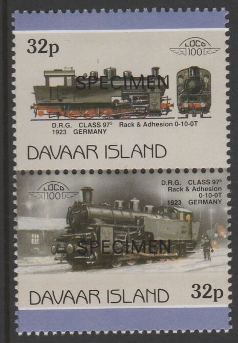 Davaar Island 1983 Locomotives #1 DRG Class 97 0-10-0 loco 32p perf se-tenant pair overprinted SPECIMEN unmounted mint, stamps on railways
