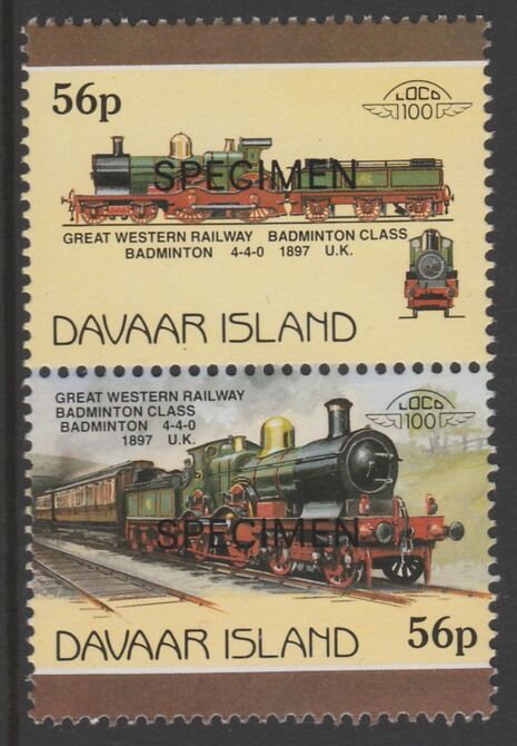 Davaar Island 1983 Locomotives #1 GWR Badminton Class 4-4-0 loco 56p perf se-tenant pair overprinted SPECIMEN unmounted mint, stamps on , stamps on  stamps on railways