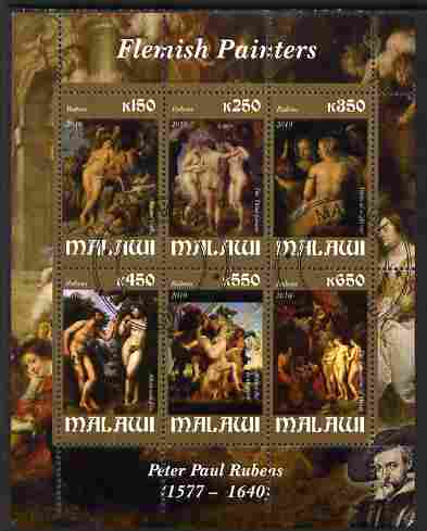 Malawi 2010 Art - Flemish Painters - Rubens perf sheetlet containing 6 values fine cto used, stamps on arts, stamps on nudes, stamps on rubens
